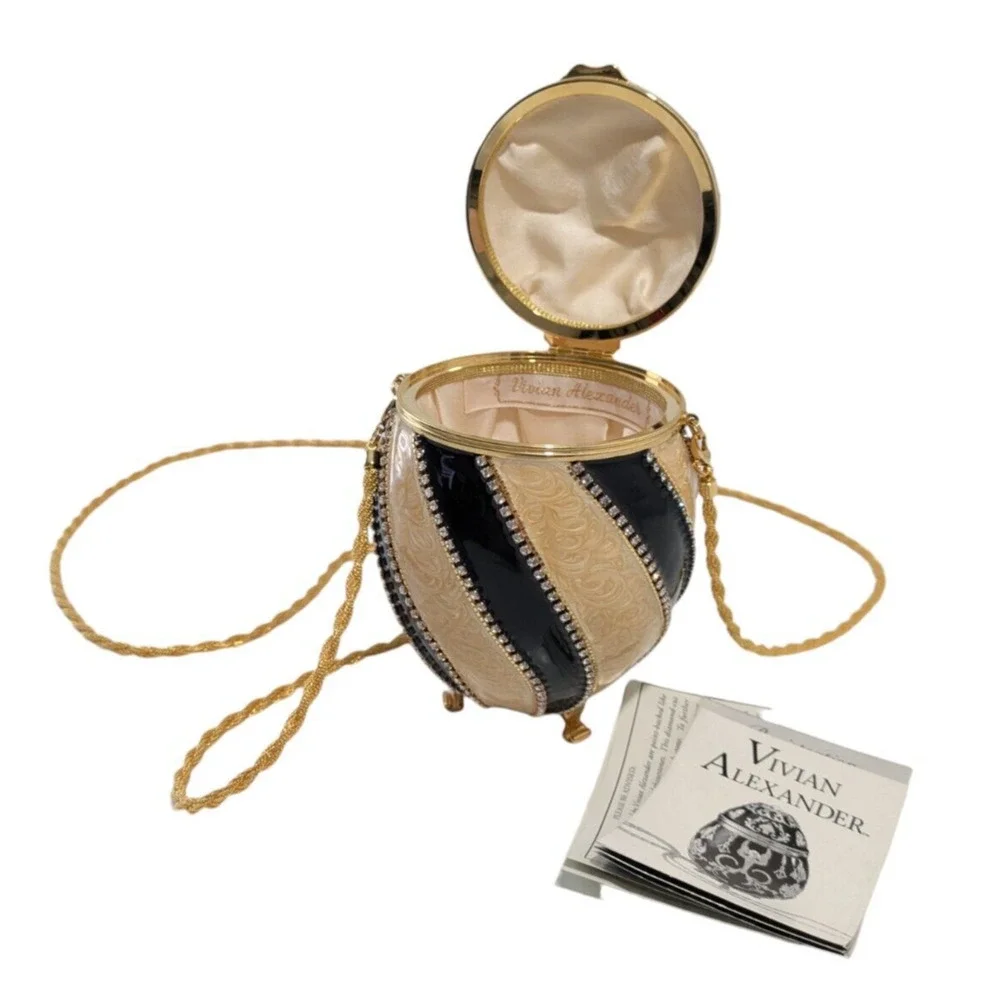 Vivian Alexander Black Gold Striped Enamel Crystal Bead Rhea Duchess II Egg Bag
